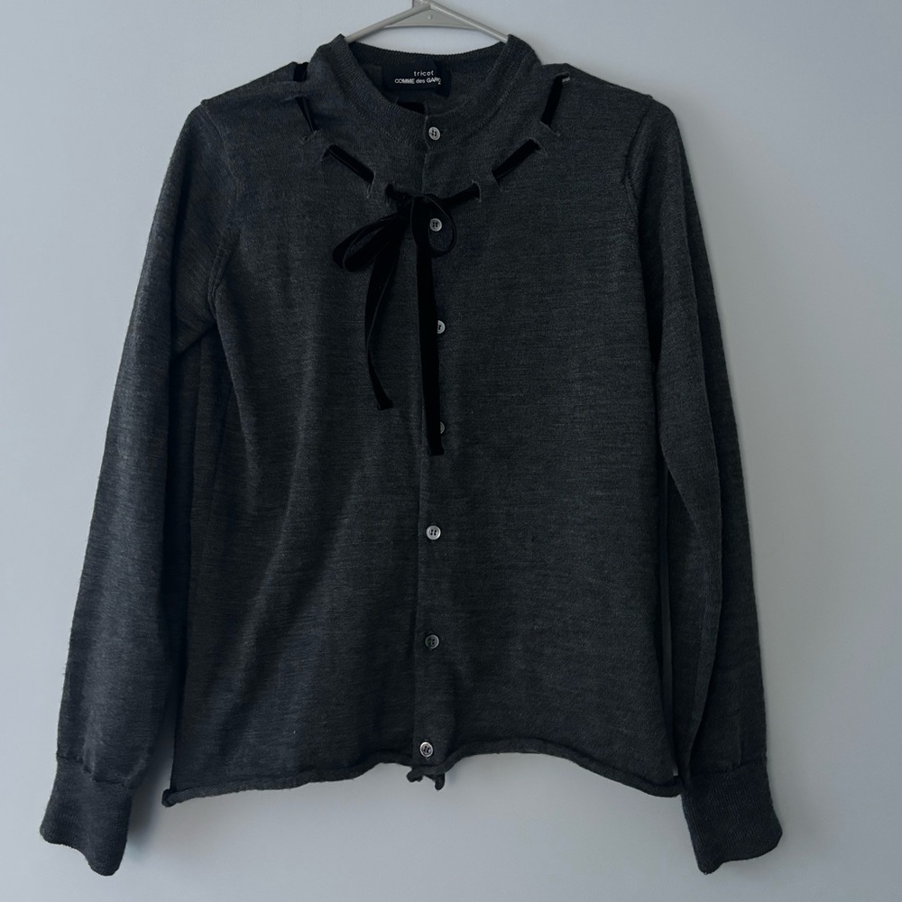 Comme des garcons tricot vintage grey wool cardigan with velvet bow